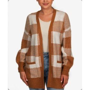 NWT Hippie Rose Long Open Front Cardigan Sweater in Bronze Plaid
